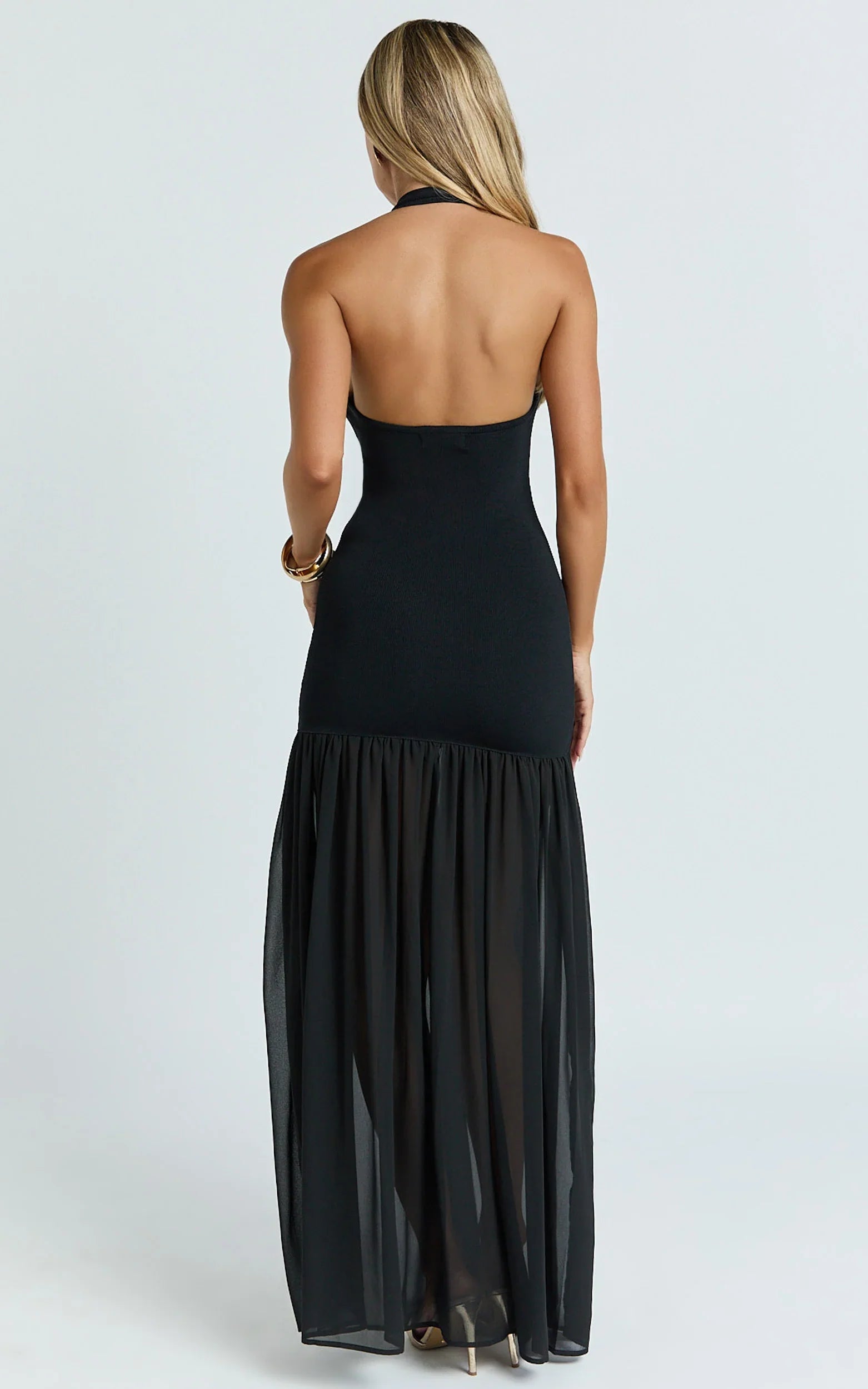 Barbara Maxi Dress - Halter Scoop Neck Contrast Georgette Dress in Black