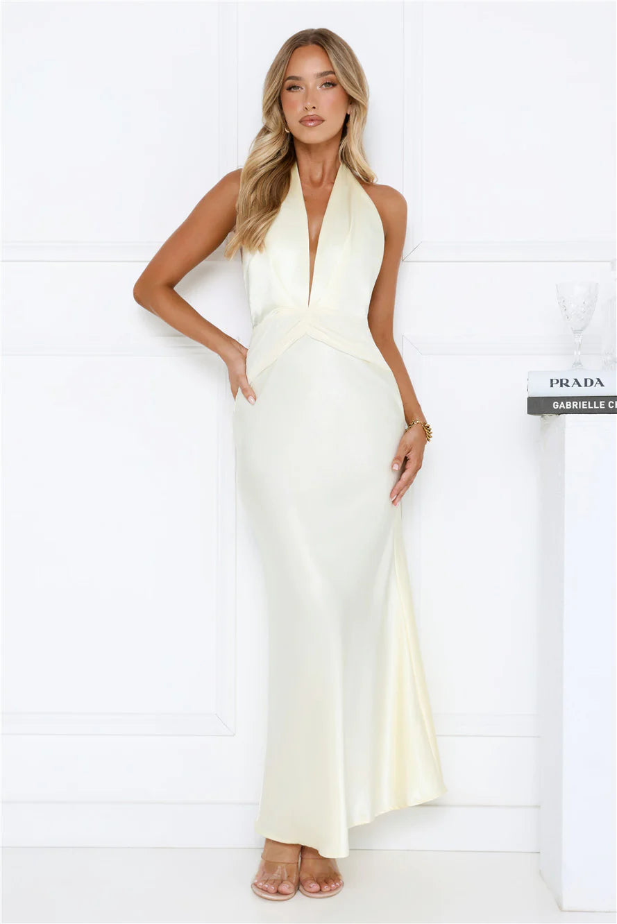Twilight Charm Satin Halter Maxi Dress Yellow